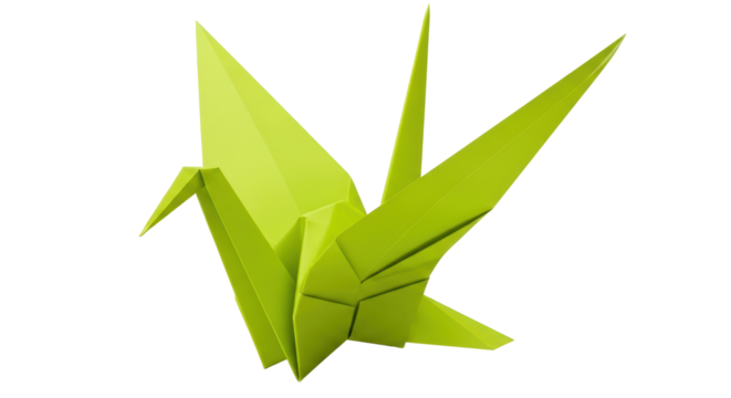 Isolated origami paper crane is shown in green on a clean surface. Japanese art form, symbol