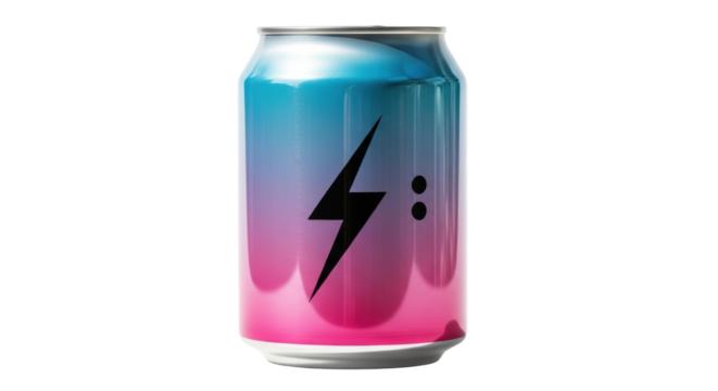 Isolated energy drink can with colorful gradient and lightning bolt design, modern beverage