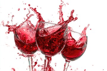 Red wine splashing from three glasses
