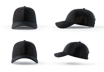 Four views of a black baseball cap, featuring a mesh panel