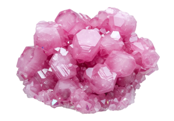 Close-up view of a cluster of vibrant pink crystals, showcasing intricate geometric patterns and a rich, saturated hue against a stark black background.