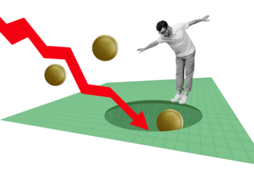 Creative picture image collage young balancing man checkered background dynamic arrow charts economy falling earnings crisis