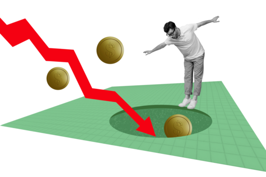 Creative picture image collage young balancing man checkered background dynamic arrow charts economy falling earnings crisis