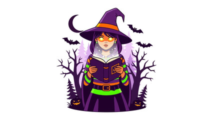 Witch Reading Spell Book: A captivating illustration depicts a young witch engrossed in a spellbook, set against a spooky backdrop of bats and trees under the crescent moon.