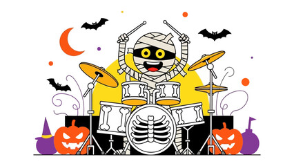 Mummy Drummer Halloween: A fun illustration of a mummy drummer performing on a spooky Halloween stage, complete with jack-o'-lanterns, bats, and a crescent moon.