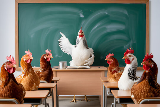 Chicken Classroom: A humorous scene of chickens in a classroom setting, with a chicken teacher lecturing in front of a chalkboard. A unique and comical twist on education.