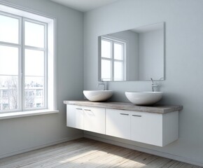 A modern bathroom interior showcasing a minimalist design with white cabinets, a light gray wall, and a large mirror reflecting natural light.