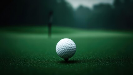 A close-up of a golf ball on a tee, ready to be hit, on a rain-soaked green, with a blurred figure of a golfer in the background.  The scene is dark and moody