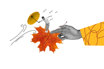 Composite trend artwork image photo collage of huge hand hold maple leave young guy umbrella run rain weather autumn season stand balance