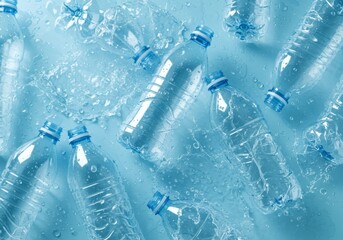 Bottles water drops-Transparent plastic water bottles surrounded by splashes of clear water. Ideal for hydration, recycling, beverage, environment, and health concepts.