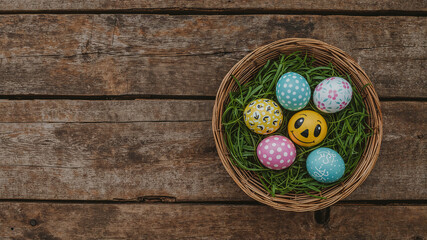 Colorful easter eggs resting in a basket on rustic wooden background