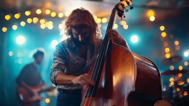 Double bass player on stage.