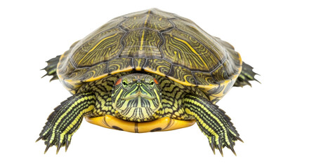 Fototapeta premium Isolated red-eared slider turtle posing in studio, beautiful shell and skin pattern detail