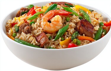 fried rice with shrimp, vegetables, and spices in a bowl, isolated on a white background. with a clipping path. full depth of field. focus stacking. close-up view from the side