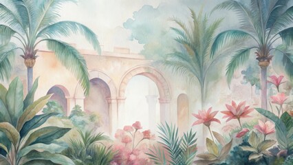 Lush exotic garden oasis with arches palm trees flowers and buildings