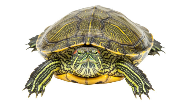 Isolated red-eared slider turtle posing in studio, beautiful shell and skin pattern detail