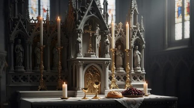 Gothic church altar with lit candles, golden chalices, bread and grapes for communion, ornate sacred architecture, dramatic lighting, solemn religious ceremony, worship setting