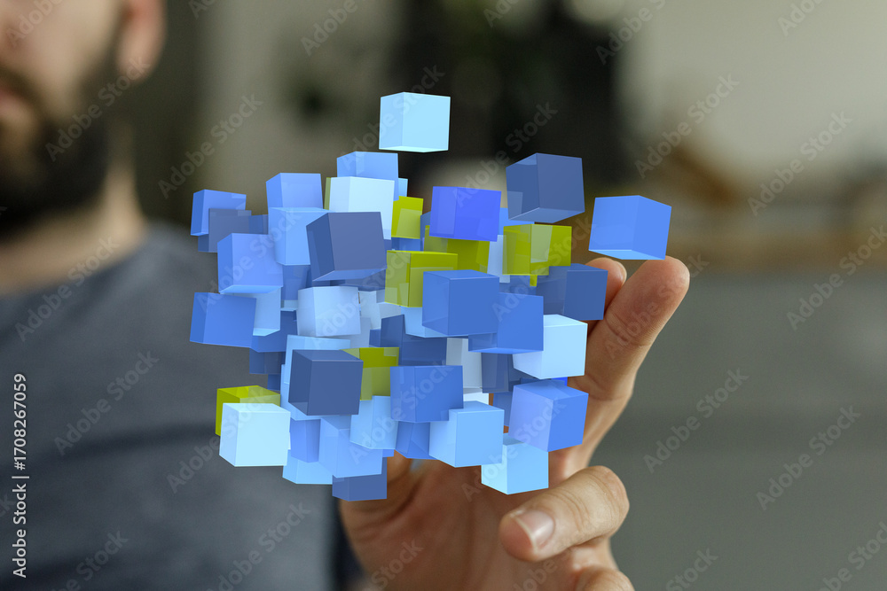 Poster abstract image of a hand holding digital cubes, representing data, innovation, and technology. perfe
