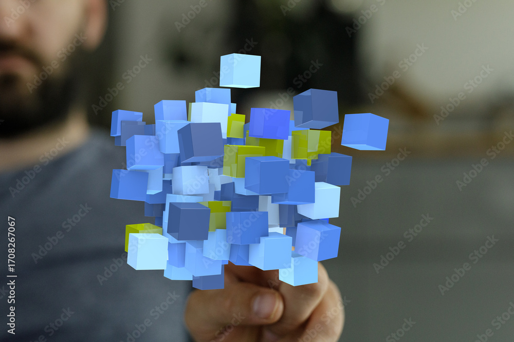 Poster abstract image of a man interacting with floating 3d data cubes, representing digital information an