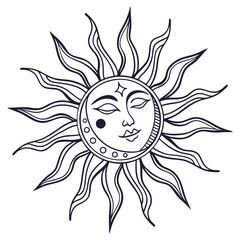 Stylized sun and moon face design in a vintage, bohemian aesthetic