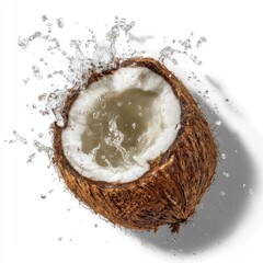 A halved coconut, water splashing out