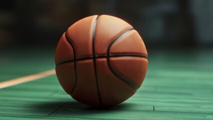 A close-up of a textured orange basketball resting on a dark green court, near a court line, in a dimly lit indoor setting