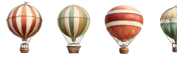 Four vintage-style hot air balloons, each with a striped design, are displayed against a plain white background. 