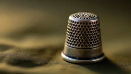 A close-up of an aged, metallic thimble resting on a textured olive-green fabric, illuminated by soft, diffused light