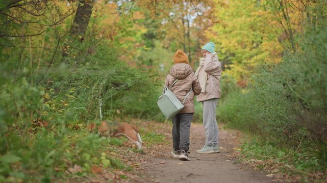 dog sniffs forest ground attempting to eat something while woman gently pulls leash to stop it, child stands nearby on peaceful autumn path surrounded by green foliage and colorful leaves