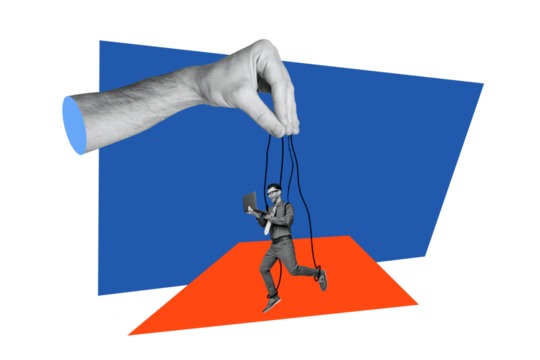 Creative image collage young man 3d hand manipulate control doll puppet laptop employee remote worker manager drawing background