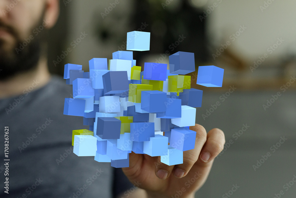 Poster abstract image of a man interacting with floating data cubes, symbolizing innovation and technology.