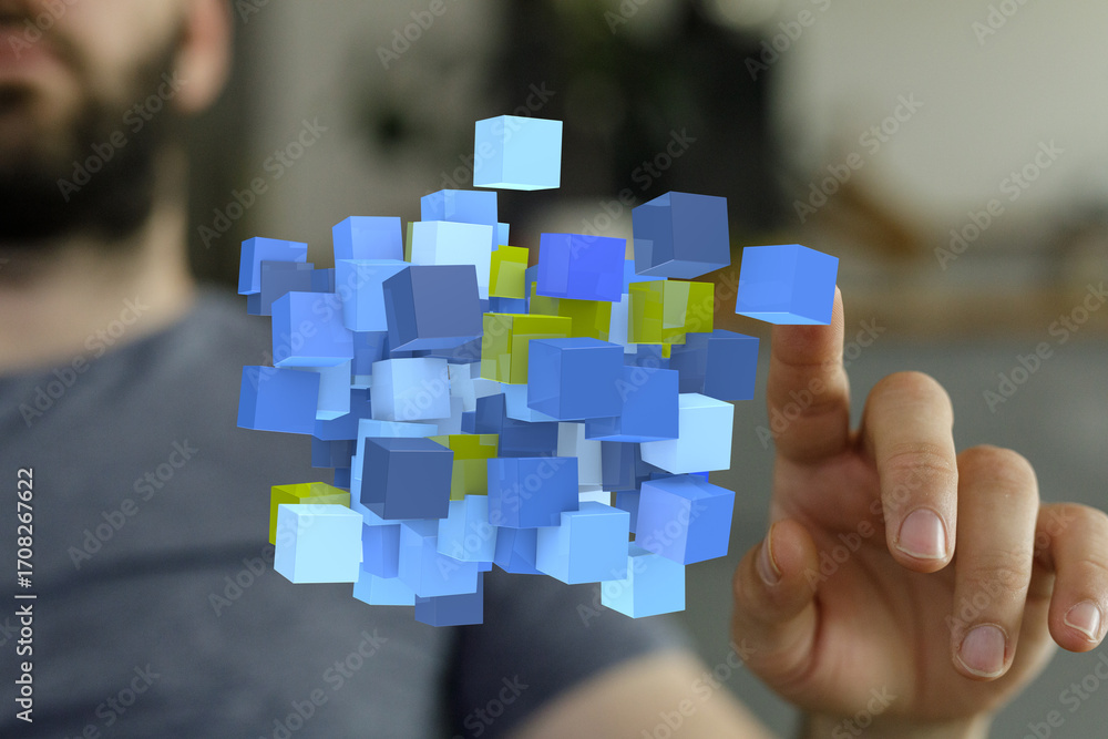 Poster abstract image of a person interacting with a holographic data visualization. perfect for tech, inno