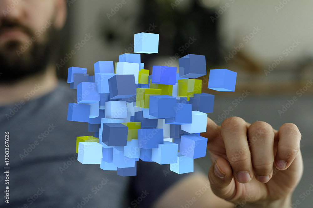 Poster abstract image of a hand interacting with floating digital data cubes. perfect for technology, innov