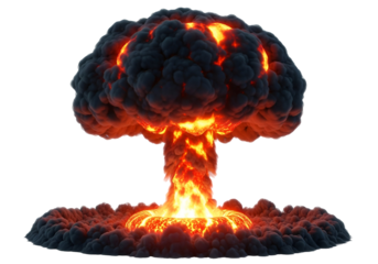 A dramatic illustration of a powerful atomic explosion, showcasing intense fiery plumes and billowing smoke against a stark black background.