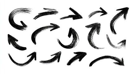 Obraz premium Hand-drawn black arrows on white background. Various directions, styles, and thicknesses. A collection of graphic directional markers