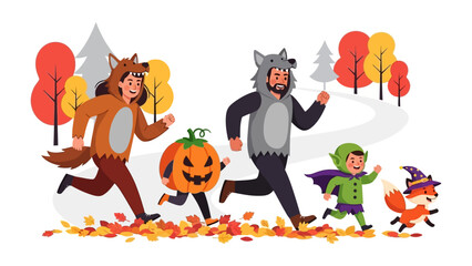 Halloween Fun Run: A family revels in Halloween spirit as they embark on a vibrant costume run through a colorful autumnal landscape, full of playful joy.