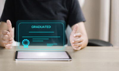 Digital graduation certificate on tablet with virtual diploma and online education success