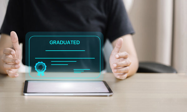 Digital graduation certificate on tablet with virtual diploma and online education success