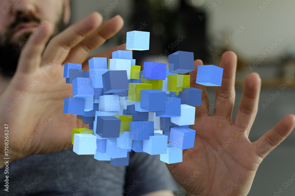 Poster abstract image of a man interacting with floating blue and yellow data cubes. perfect for tech, inno
