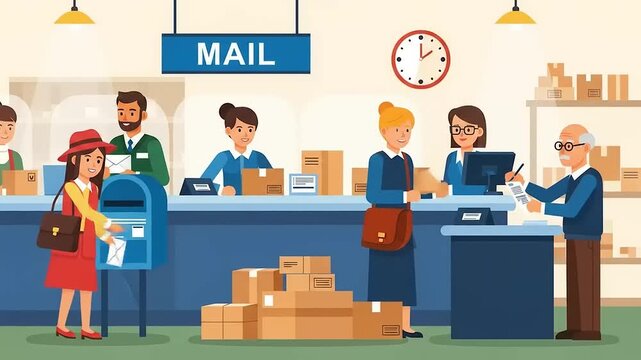 Busy postal office scene with customers mailing letters and packages, staff assisting, and clock in background
