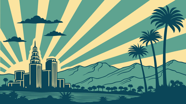 Los angeles skyline featuring palm trees, urban cityscape, distant mountains perfect for travel, tourism, landscapes, urban exploration themed designs.