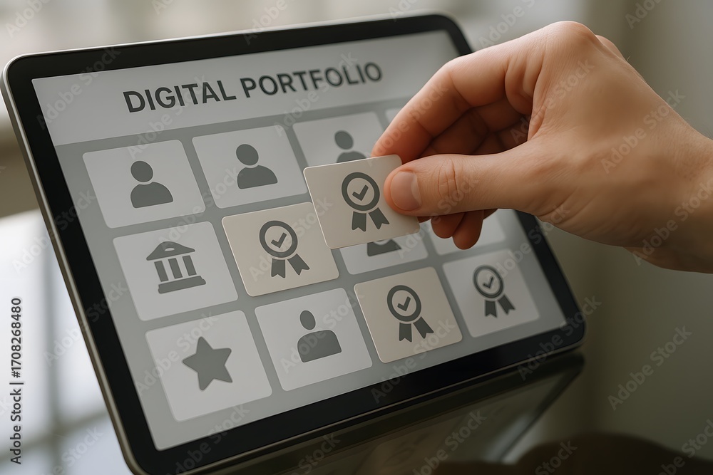 Poster a hand interacts with a tablet displaying a digital portfolio.