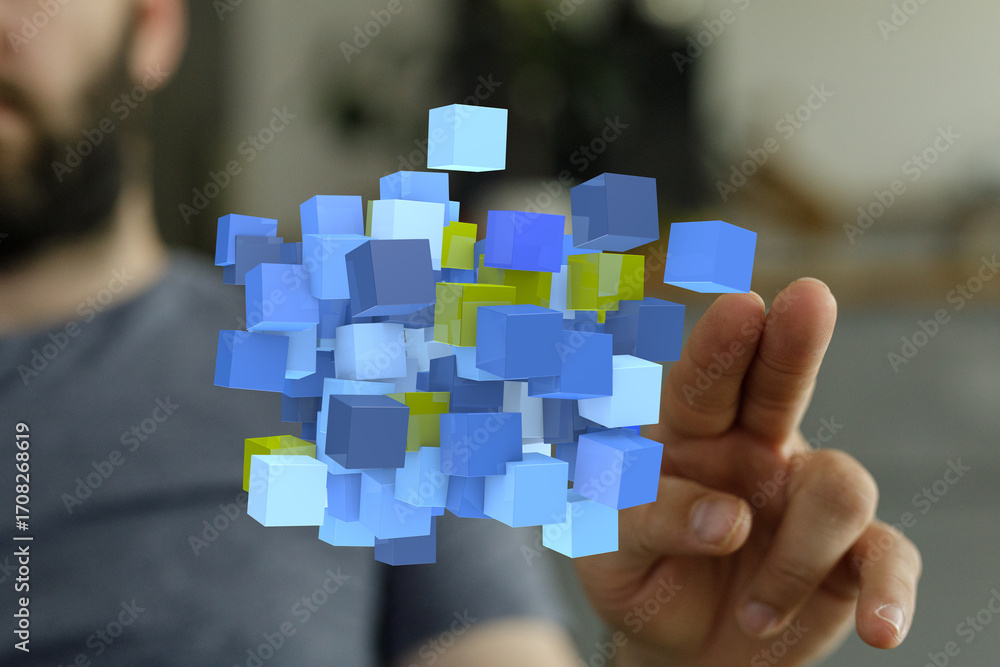 Poster abstract image of a person interacting with a futuristic data visualization. perfect for technology,