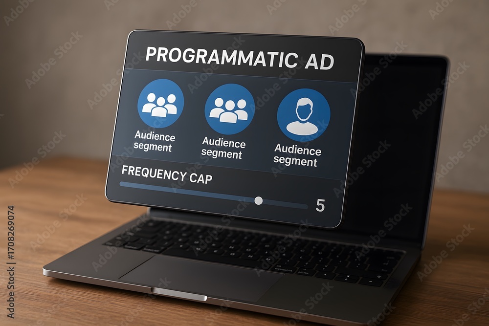 Poster a laptop displaying programmatic ad on the screen.