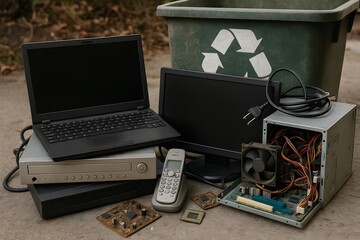 Electronic waste for recycling with a recycling bin. 