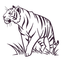Majestic Tiger Silhouette Standing Proudly in Lush Grass Illustration