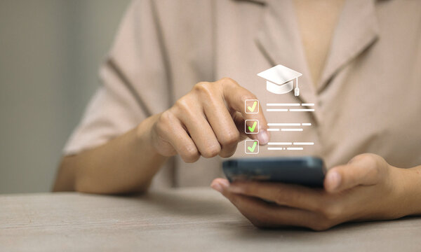 Mobile online education checklist with graduation cap and digital learning app