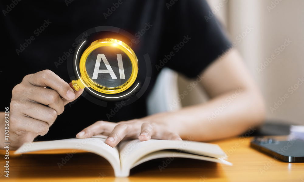 Poster magnifying glass with glowing ai text over open book concept of artificial intelligence learning