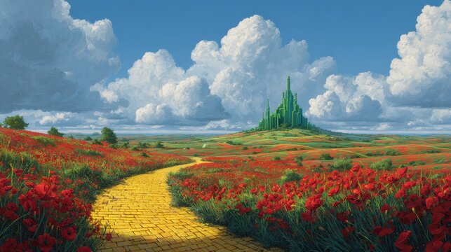 Yellow brick road leading to the emerald city through a field of red poppies under a cloudy blue sky