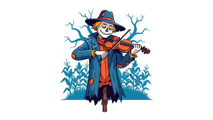 Spooky Serenade: A whimsical scarecrow with a haunting smile strums a violin, evoking a sense of mystery against a backdrop of cornfields and bare trees.